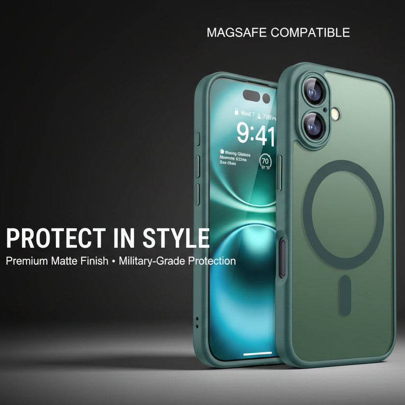 Green phone case with Magsafe compatibility on a dark background