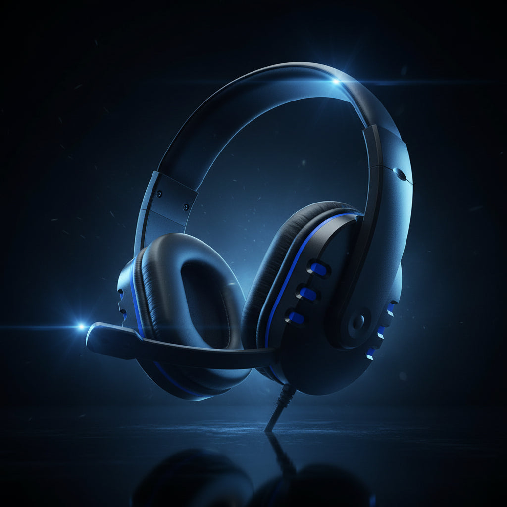 Black gaming headset with blue accents on a dark background