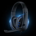 Black gaming headset with blue accents on a white background