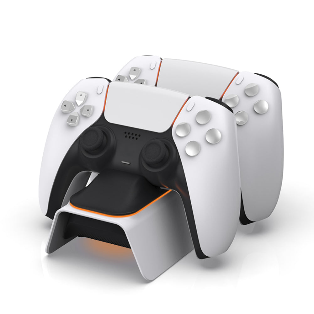 White gaming controller with black accents on a charging dock station.