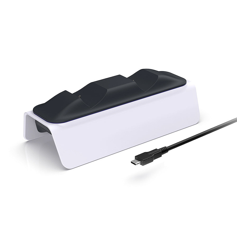 White electronic device with black components and a USB cable on a white background