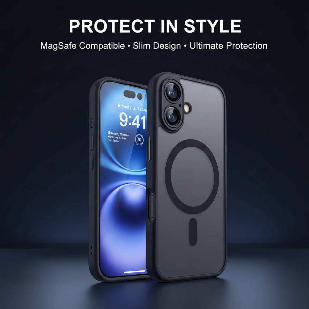 Black phone case with MagSafe compatibility on a dark background