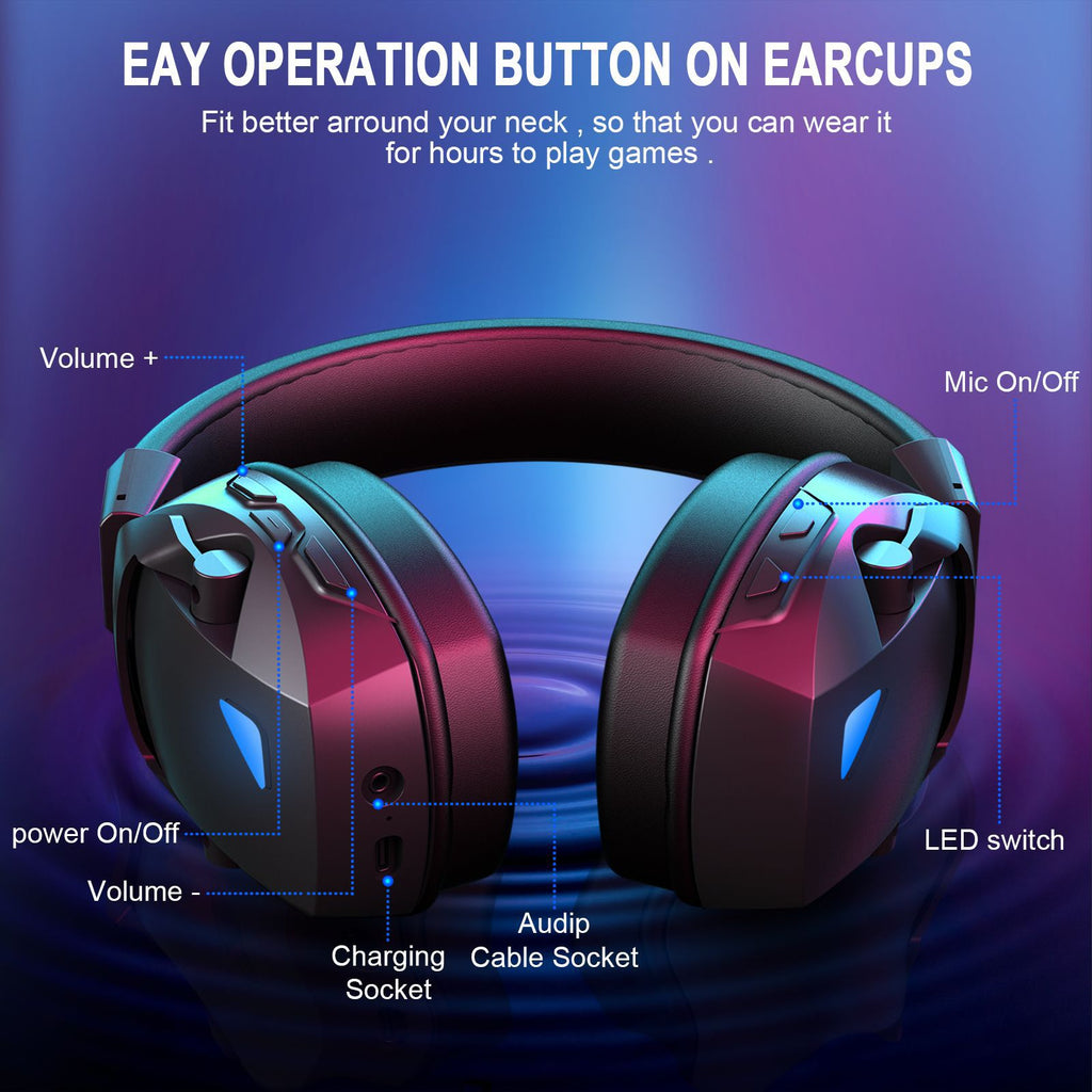 Gaming headset with labeled controls on a blue and purple gradient background