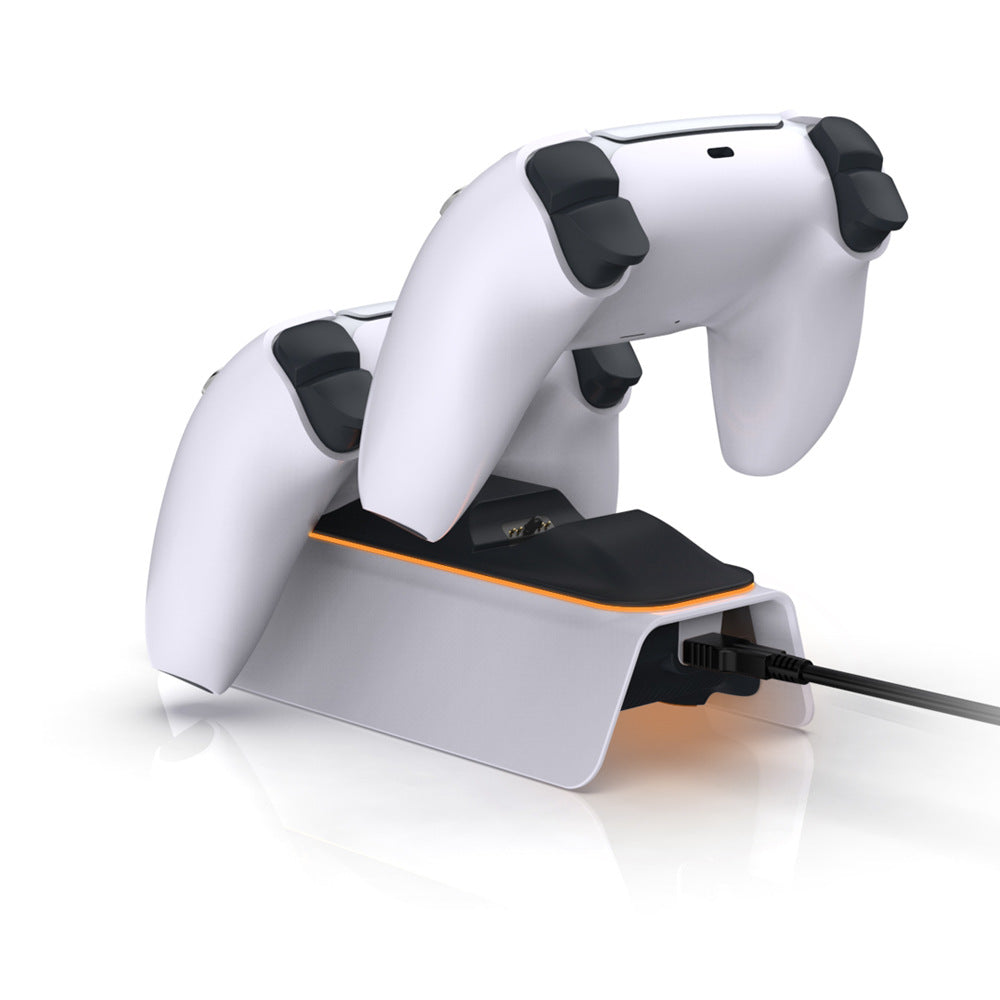 White gaming controller with black accents on a charging dock station from the back.