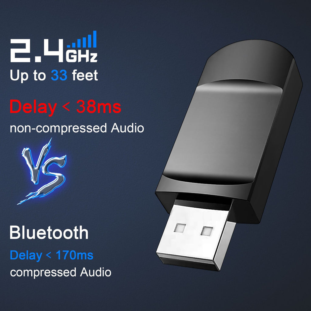 USB audio adapter with wireless technology comparison on a dark blue background