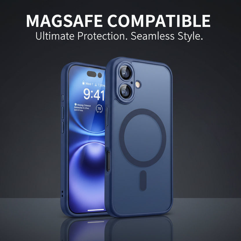 Blue phone case with MagSafe compatibility on a dark background