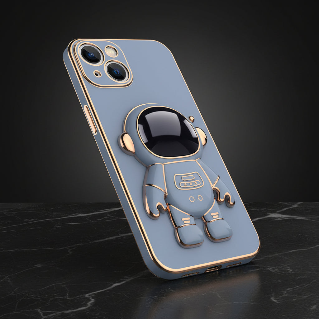 Light blue phone case with a gold robot design on a white background